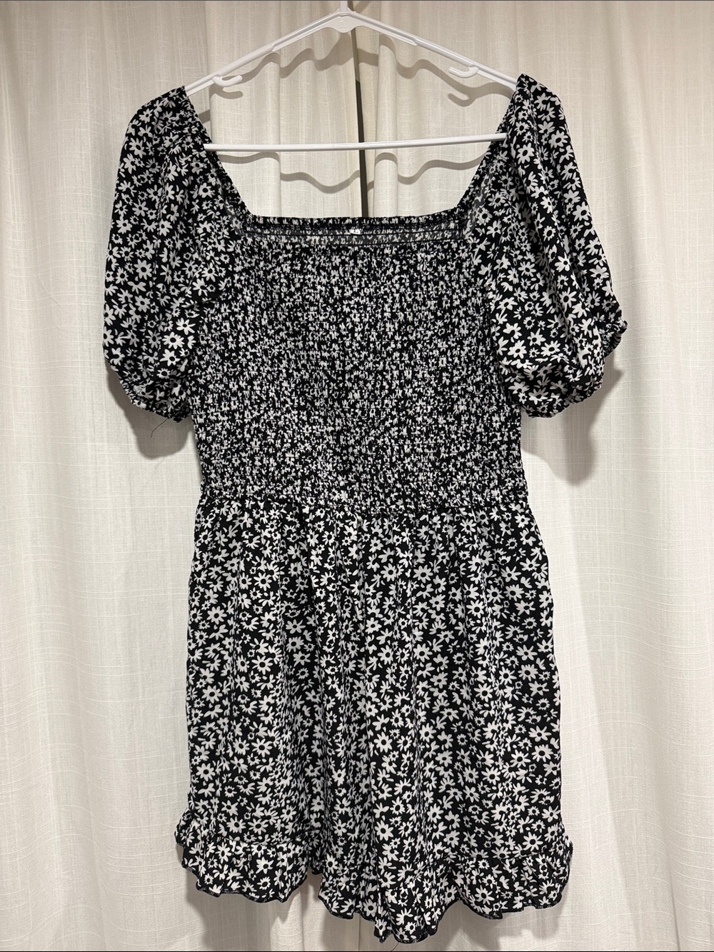 Black & White Floral Smocked Square-Neck Dress